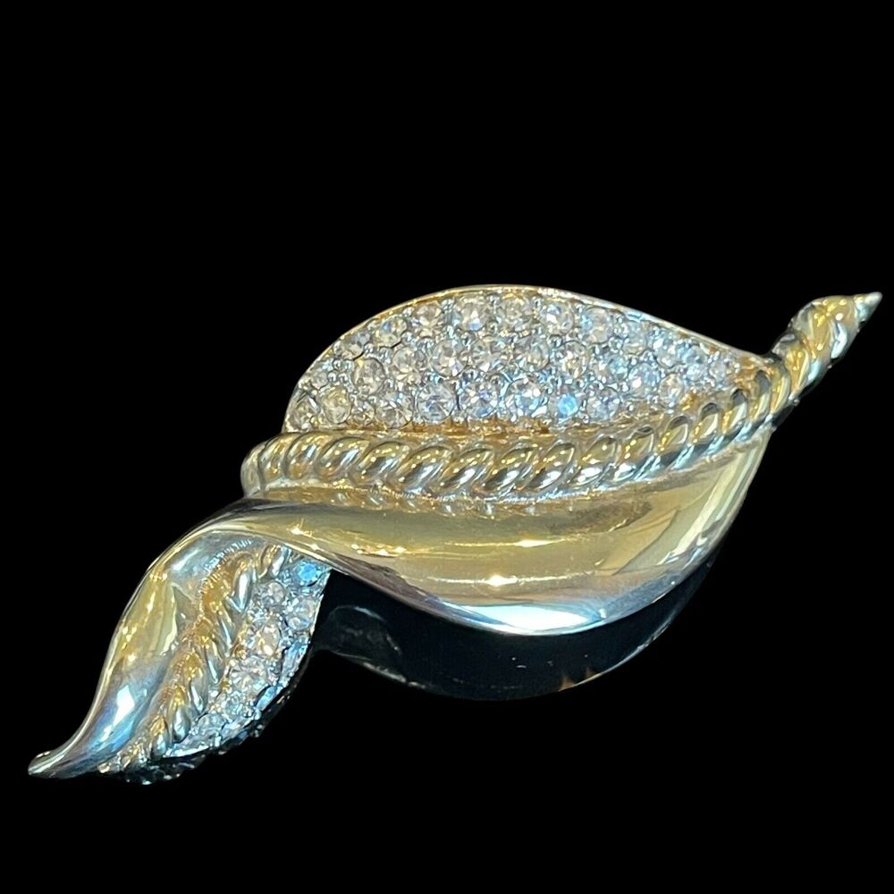 Vintage GEM CRAFT Brooch Pin Mid Century Rhinestones Extra Large Curved Leaf